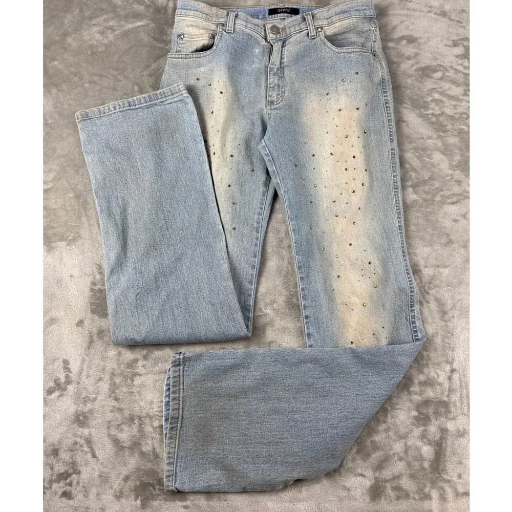 Live Fashion Network Rhinestone Embellished Jeans Light Wash Y2K Straight 34/48 - Picture 1 of 9